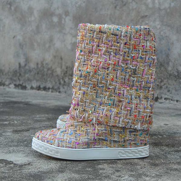 

bottes femme 8см высота увеличение candy цвет mid calf boots женщина кожа езда короткие зима широкий сапоги клинья снег botas, Black