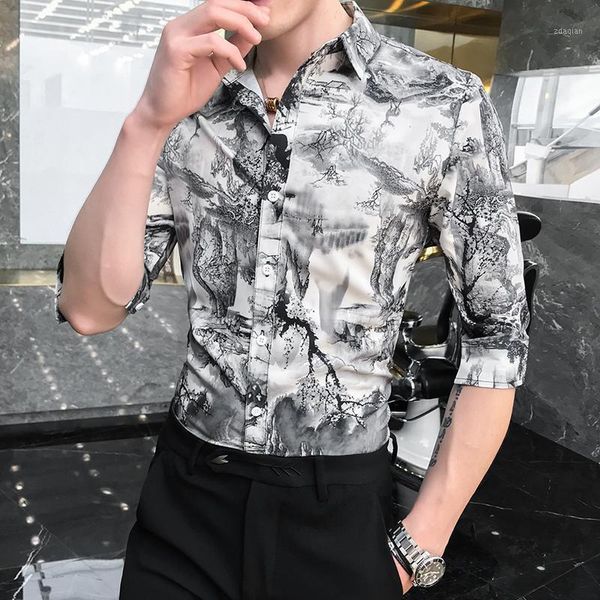 

men's casual shirts gzdeerax all printed mens luxury half sleeve dress fashion summer slim fit party male1, White;black