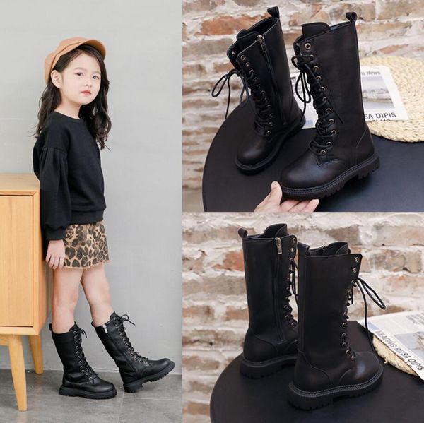 

snow pu leather solid children shoes fashion girls zipper knee-high for boys kids winter boots size 26-37, Black