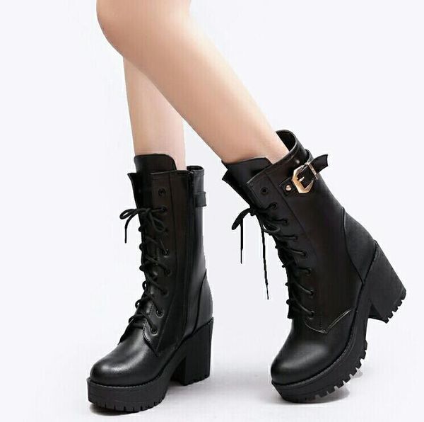 

leather martin boot ladies shoes autumn winter versatile platform chunky heel belt buckle ankle boot england large middle boot boots, Black