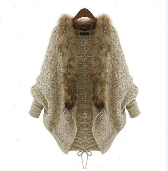 

2021 oversize autumn cape winter women fur neck knitted cardigans female long batwing sleeves vintage open stitch sweater shirt, White;black