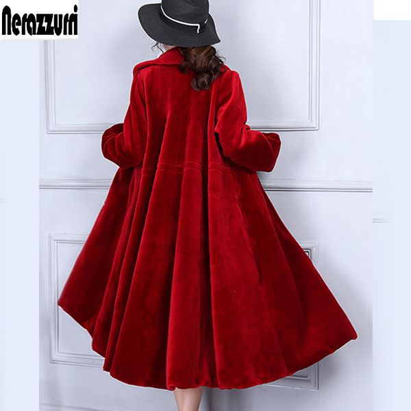 

nerazzurri natural shearling coats women colored real fur coat plus size sheepskin jacket luxury full skirt lamb fur overcoat 201103, Black