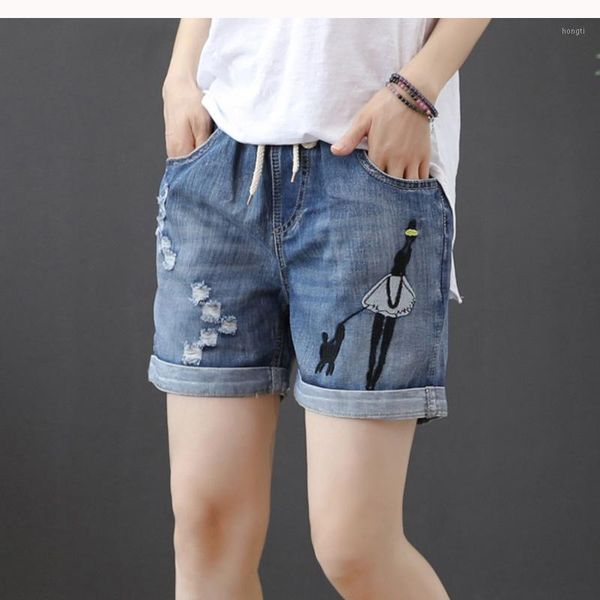 

womens jeans denim shorts roll-up embroidery cartoon retro vintage fashion casual for summer az246717171, Blue