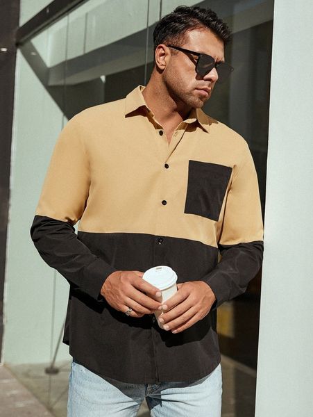 

extended sizes men two tone patched pocket shirt d9v6#, White;black