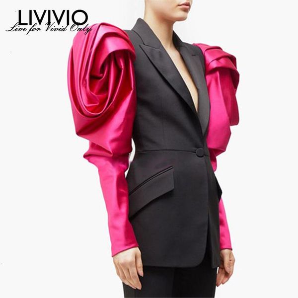 

women's suits & blazers [livivio] streetwear patchwork puff long sleeve notched collar female women coat 2021 autumn plus size fashion, White;black