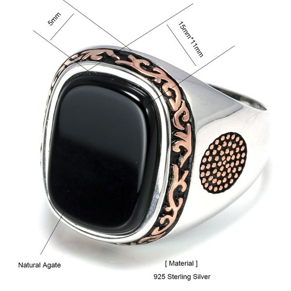 

real pure mens silver s925 retro vintage turkish rings for men with natural black onyx stones turkey jewelry q1218, Golden;silver
