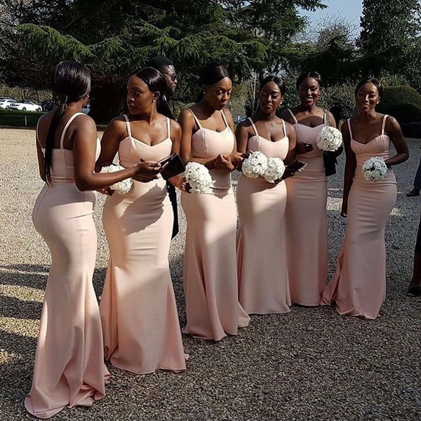 

jersey pink long bridesmaid dresses spaghetti mermaid robe mariage femme with brush train wedding party dress for maid of honor, White;pink