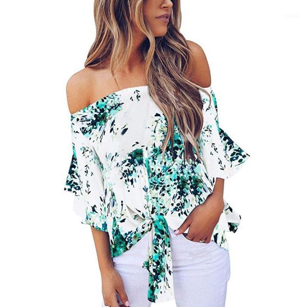 

women one-necked strapless shoulder blouse floral knot tie front chiffon shirt five-point bell sleeve leisure beach shirt *1, White