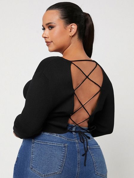 

plus lace up backless drop shoulder sweater e0ex#, Black