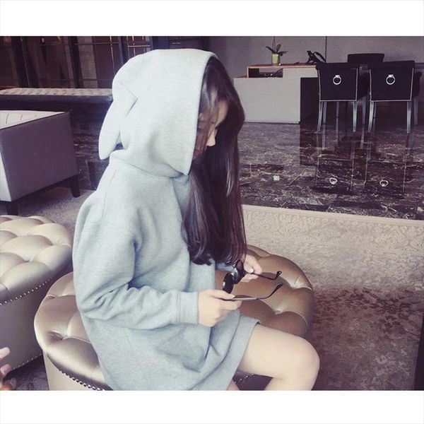 

осень зима корейской стиль kawaii кролик уши женщины толстовки с длинным рукавом плюс размер женщина streetwear thicking длинные толстовка, Black