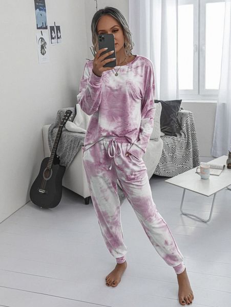 

drop shoulder tie dye pullover & sweatpants set m4rw#, White