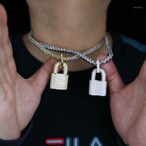 

chokers rope tennis chain micro pave cz iced out bling men boy hip hop lock pendant necklace rock punk jewelry1, Golden;silver