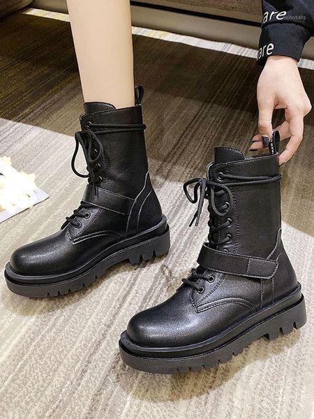 

lace up boots shoes boots-women luxury designer round toe autumn 2021 rubber ankle ladies lolita rock fashion med rome lace-up1, Black