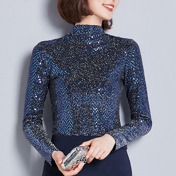 

new spring women blouses half turtle neck sequin embroidered long-sleeved fashion casual shirt plus size 3xl 314b t200502, White