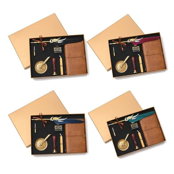 

vintage feather dip pen kiretro notebook ink bottle calligraphy feather dip pen set stationery box with holder dropship