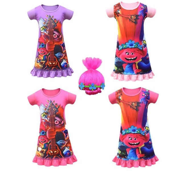 

new kids trolls 2 wig children girls thanksgiving halloween christmas dress costume baby girl clothes toddler girl dresses party, Red;yellow