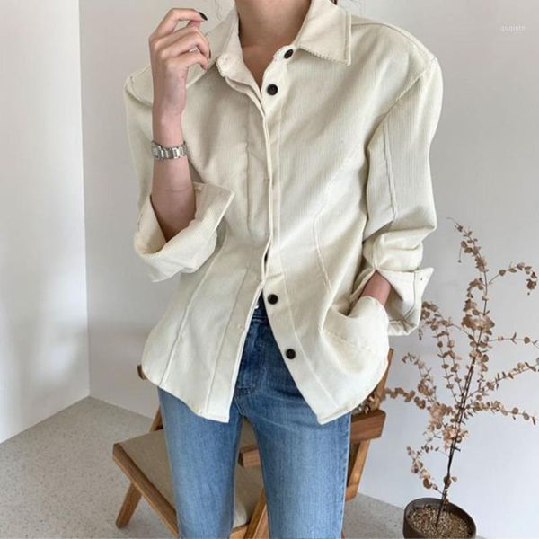 

hzirip new spring autumn elegant vintage chic corduroy shirt women solid blouses loose lapel long sleeve woman shirts1, White