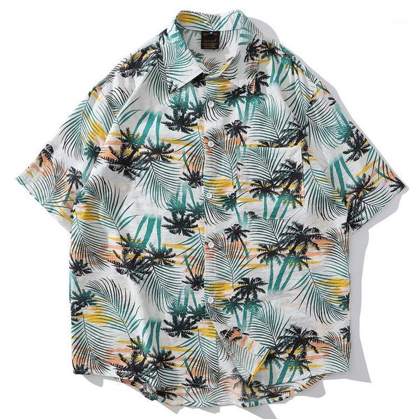 

origional men's 2020 summer loose hawaiian shirt casual floral print cotton short-sleeved shirt men's large size1, White;black