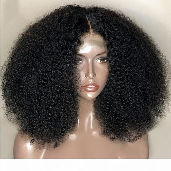 

13x4 short wig afro kinky curly human hair lace front wigs remy pre-plucked human hair wig natural color for black women, Black;brown
