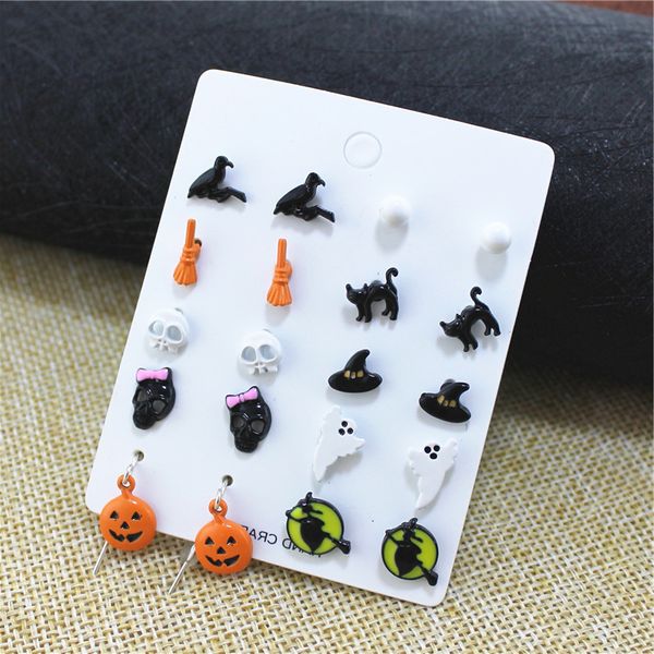 

halloween women stud earring set christmas bat pumpkin lamp spider web skeleton ghost cross pendant ear studs wholesale jewelry