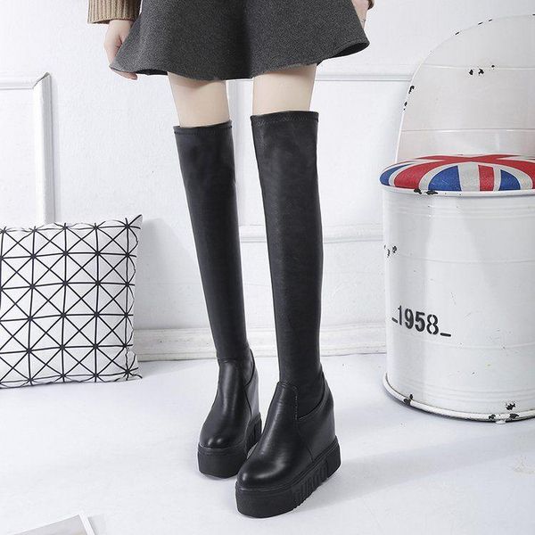 

women boots spring/autumn toe knee height platform shoes england style 5-cm heel height increasing 5cm women shoes, Black