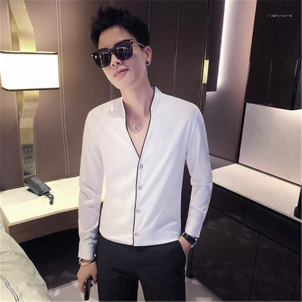 

white shirt korean stand collar streetwear men shirt long sleeve black designer men dress shirts camisa feminina 2020 button, White;black