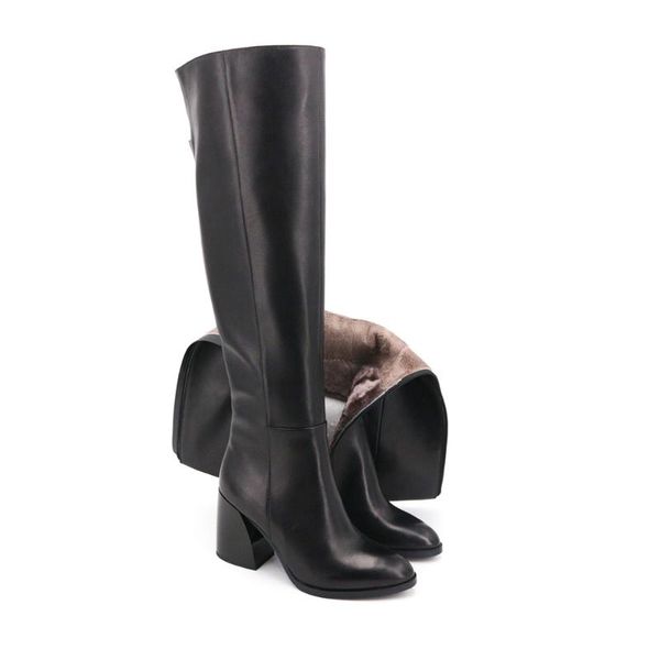 

vair mudo boots shoes women knee-high genuine leather pointed toe autumn winter short plush and wool high heels thick heel zt17, Black