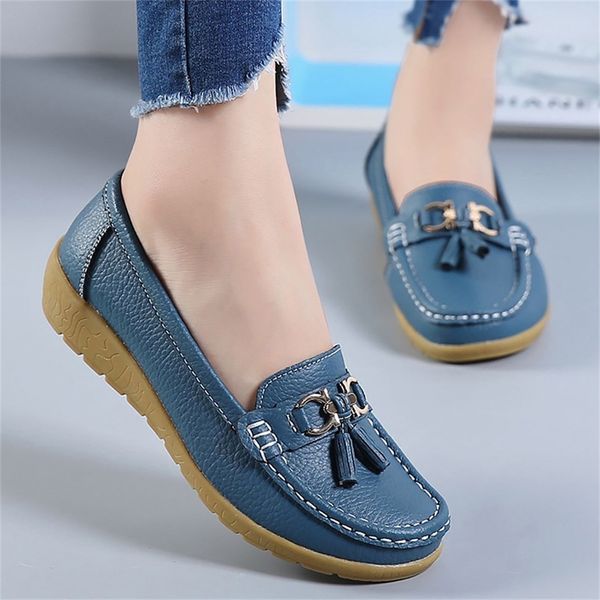 

flat shoes women genuine leather fashion casual superstar ladies loafers fringe solid female shoe soft plus size 42-44 lj200820, Black