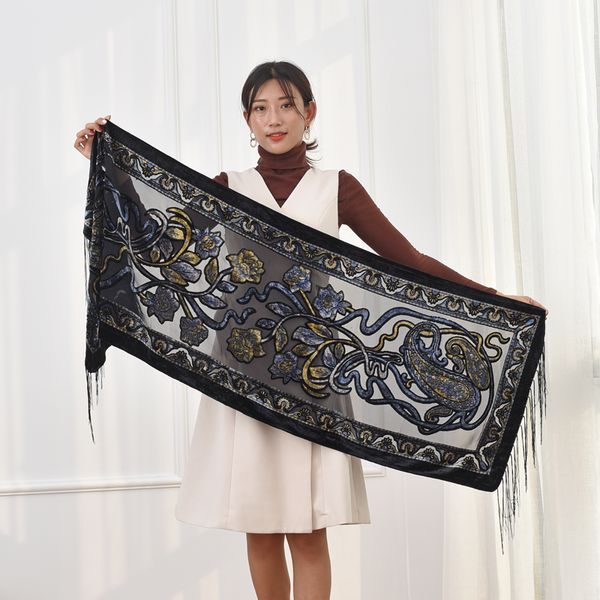 

brand new winter scarves women 2018 burnout velvet scarf cashew floral muslim hijab ladies ponchos gift for lovers, Blue;gray