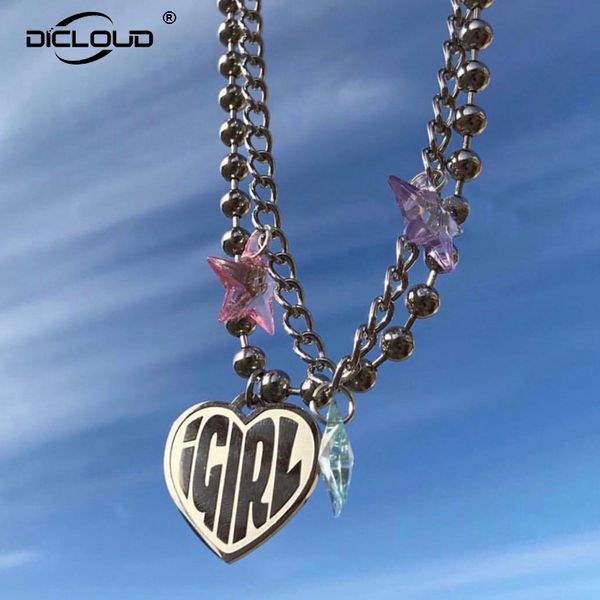 

vintage 90s igirl heart pendant sliver chain harajuku women letter necklace stainless steel punk beads choker gift q1113, Silver