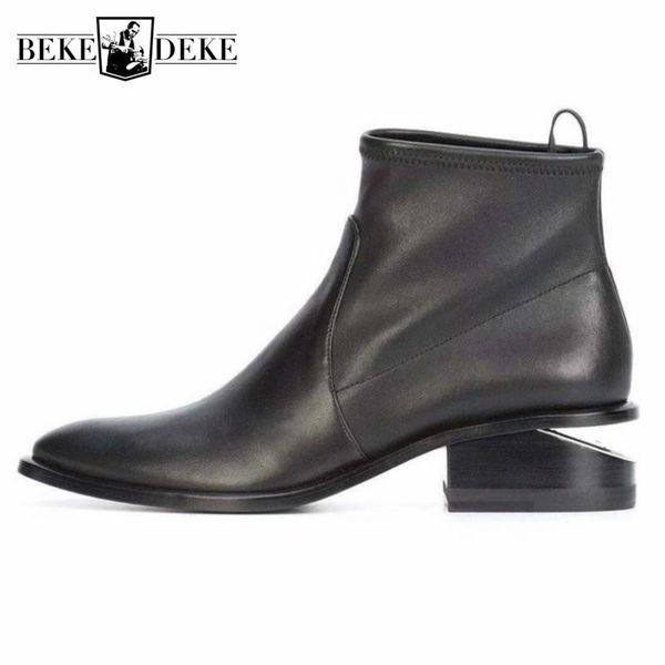 

boots women sheepskin genuine leather ankle strange heels pointed toe shoes fashion female winter, Black