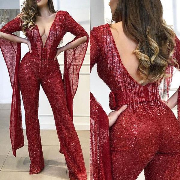 

nightclub deep v long sleeve fringed sequins red jumpsuit new year's day female singer stage party evening dress dwy29071, Black;red