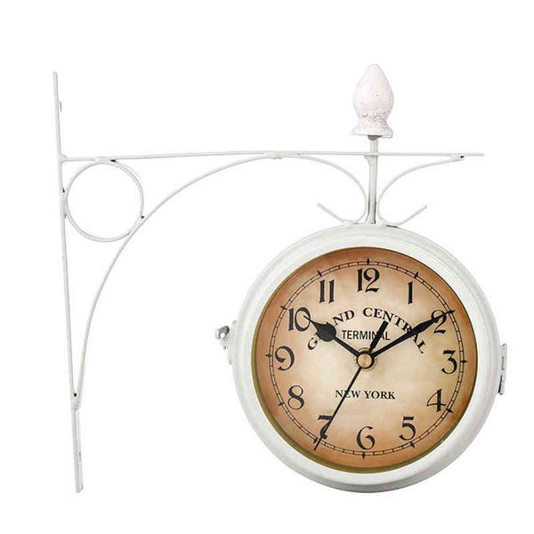 Coffee Bar Decorazione Orologio da parete Alimentato a batteria Vintage Double Sided Outdoor Metal Retro Hanging Station Mount Stile europeo H1230