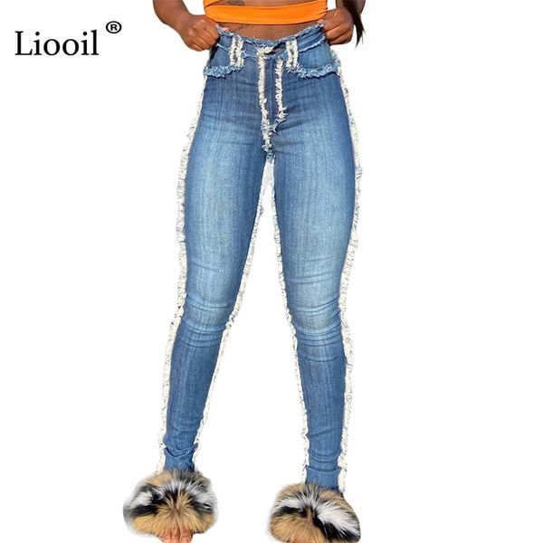 

blue plus size high waist skinny sanding pencil jeans with pocket 2021 women trousers wash distressed rave jean denim pants 210203