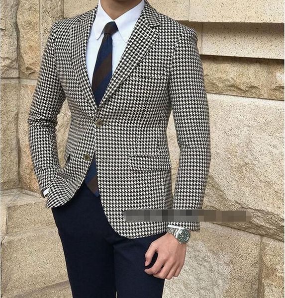 

men's suits & blazers 2021 houndstooth pattern jacket casual men suit slim fit groom tuxedo 2 piece custom made prom business formal we, White;black
