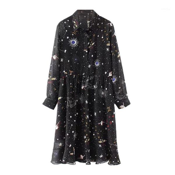 

perhaps u black planet print universe chiffon turn down collar knee length dress long sleeve a line autumn dress elegant d06941, Black;gray
