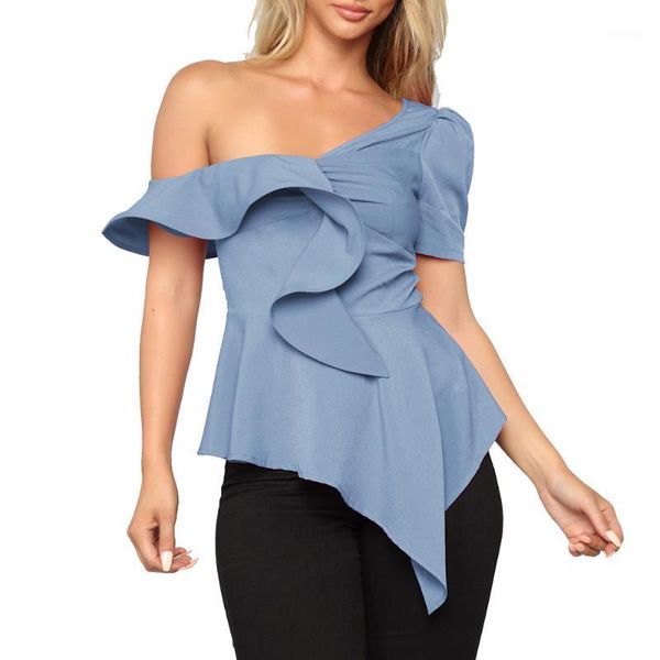 

women t-shirt elegant summer new women's diagonal shoulder ruffle black solid color slim short-sleeved t-shirt wild fashion, White