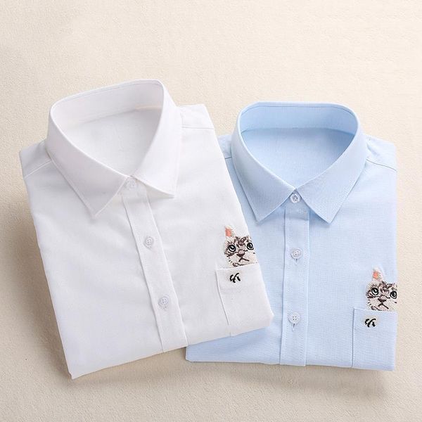 

dioufond 2021 embroidery cat blouse shirt women long sleeve casual pocket button down blouses embroidered plus size, White