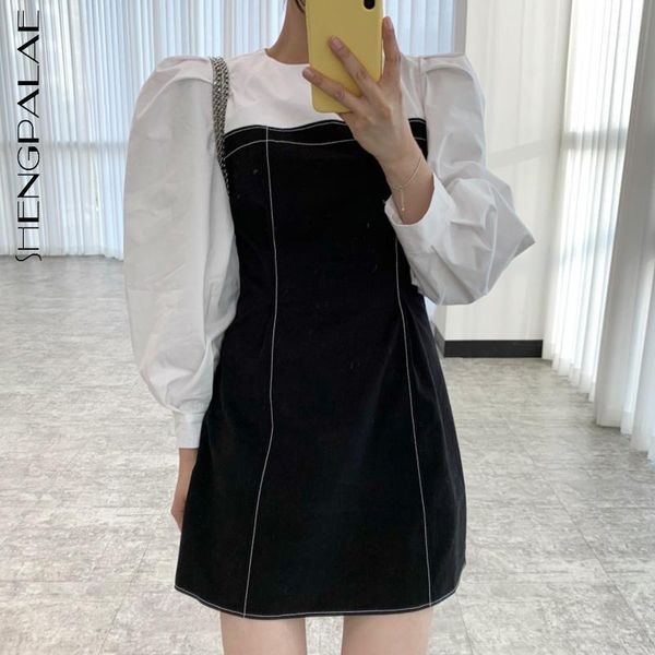 

casual dresses shengpalae 2021 autumn women's loose round neck contrast color patchwork puff sleeve a-line above knee dress 8q2951, Black;gray