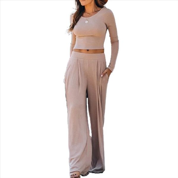

women solid rib knitted casual clothing sets lady long sleeve o neck crop high waist full length loose pants trousers, Gray
