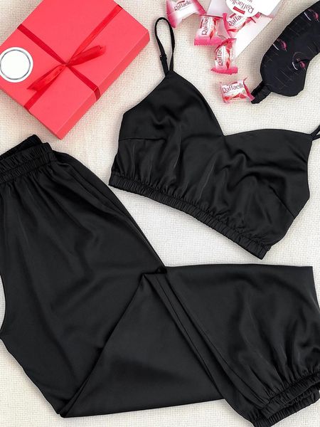 

suphis solid v-neck sleeveless sleepwear elastic high waist two piece set and pants women pajamas satin set lounge wear 200929, Red;black