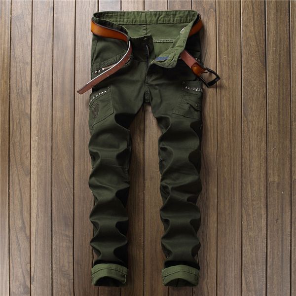 

wholesale- mens skinny ripped biker jeans multi pockets cargo pant army green mens pleated pencil jeans, Blue