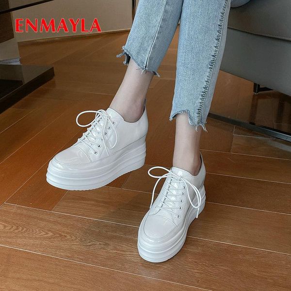 

enmayla 2020 casual lace-up womens shoes round toe genuine leather wedges high heels basic spring/autumn shoes woman 34-39, Black
