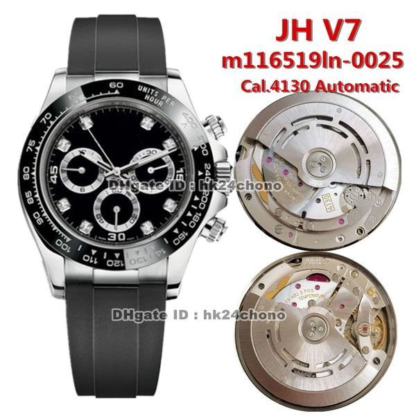 

2 styles luxury watch jh v7 40mm cal.4130 automatic chronograph mens watch 116519ln-0025 ceramic bezel black dial rubber strap gents watches, Slivery;brown