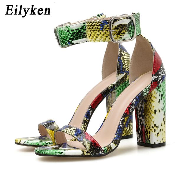 

eilyken mixed color snake skin print thick heel femme sandals open toe ankle strap buckle womens heels party dance shoes 0928, Black