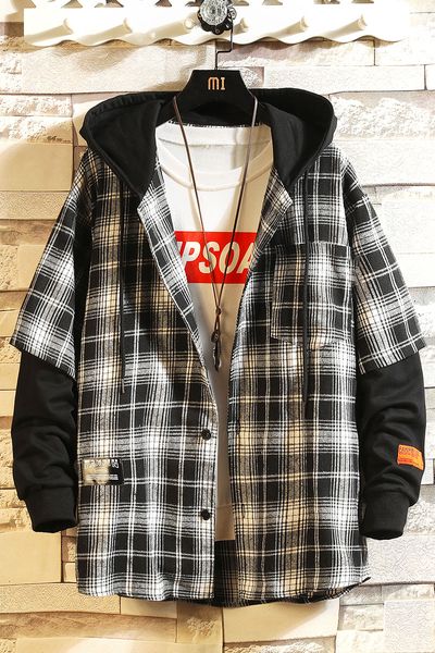 

2021 new hip hop streetwear casual plaid shirt men long sleeve with hooded oqmm, White;black
