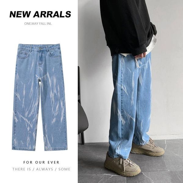 

2021 spring and autumn new youth popular men's loose dark printed jeans fashion casual straight pants black/blue -2xl