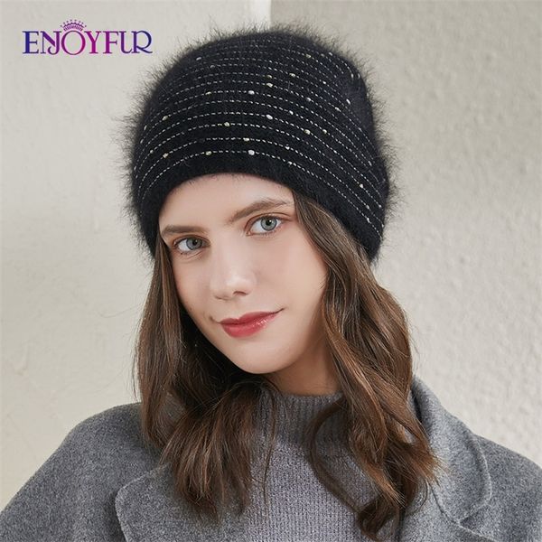 

enjoyfur women knitted hats thick warm angola rabbit fur hair rhinestone bonnet female fashion good quality winter beanie y201024, Blue;gray