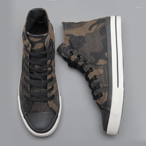 

spring new men's high-canvas shoes korean fashion camouflage vulcanized shoes round toe trend tie sneaker rubber men boots1, Black