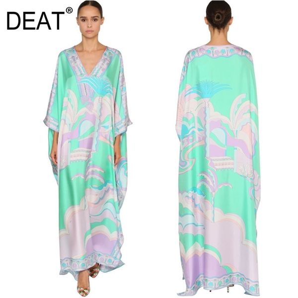 

[deat] 2020 over long length dress women silk print vacation bohemian batwing v collar over size elegant new fashion tide lj200818, Black;pink